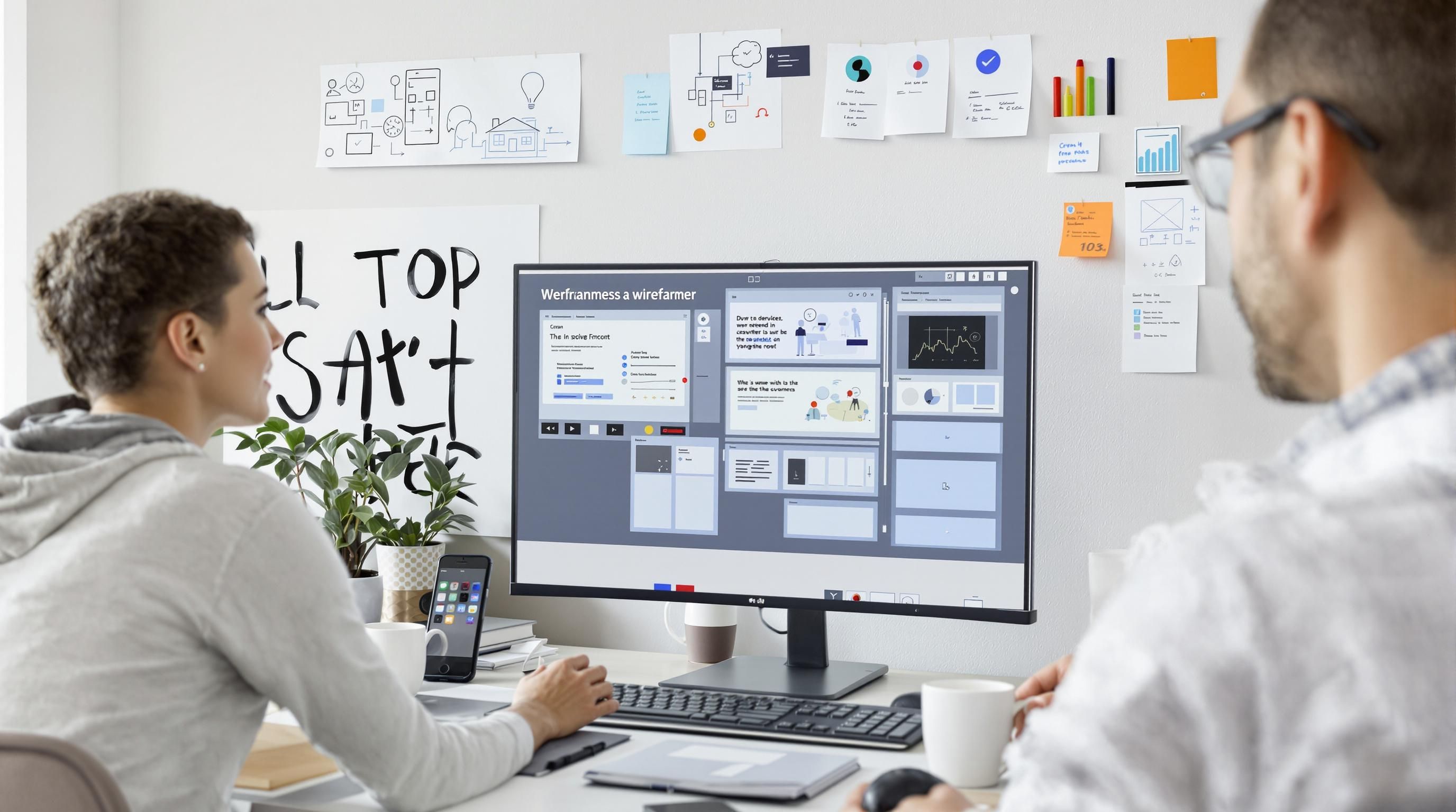 Web developer and business owner review app wireframes together