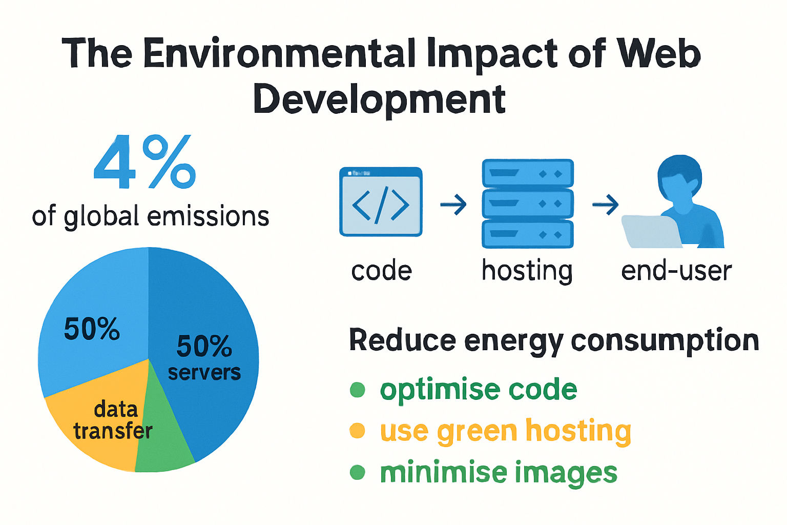 Infographic showing web development's environmental impact and reduction strategies