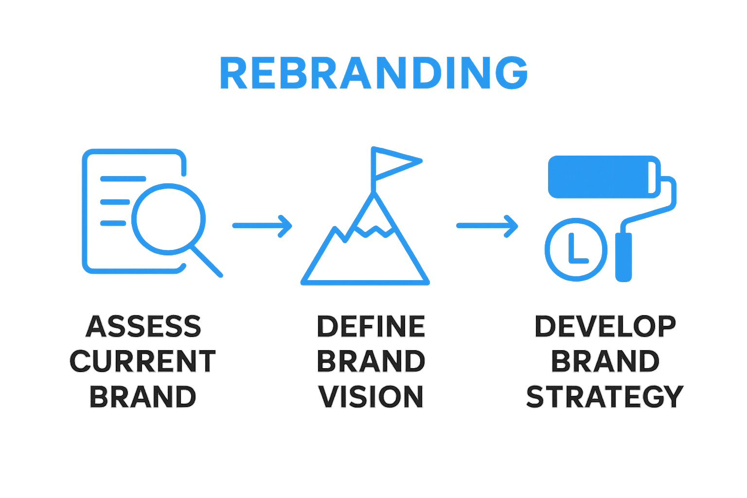 Three-step rebranding process visual flow