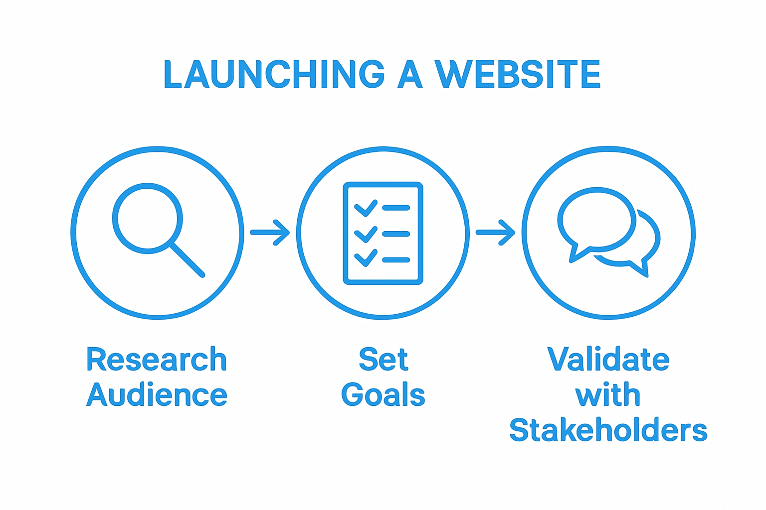 Infographic showing three steps: research audience, set goals, validate with stakeholders.