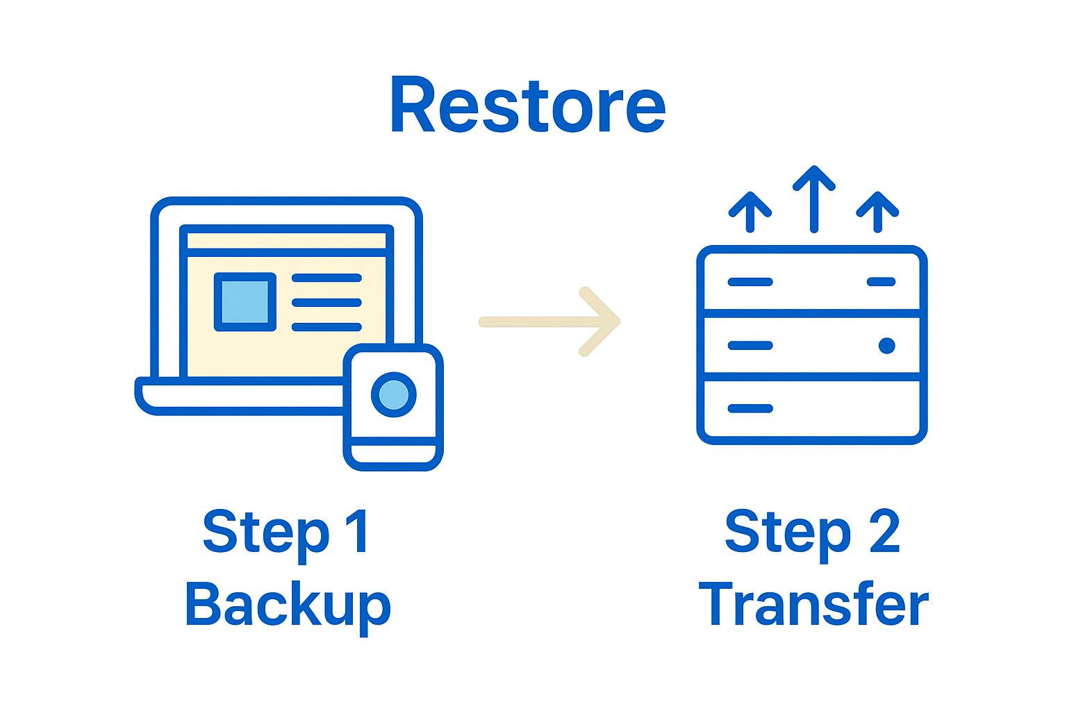 Simple two-step infographic of website backup and transfer