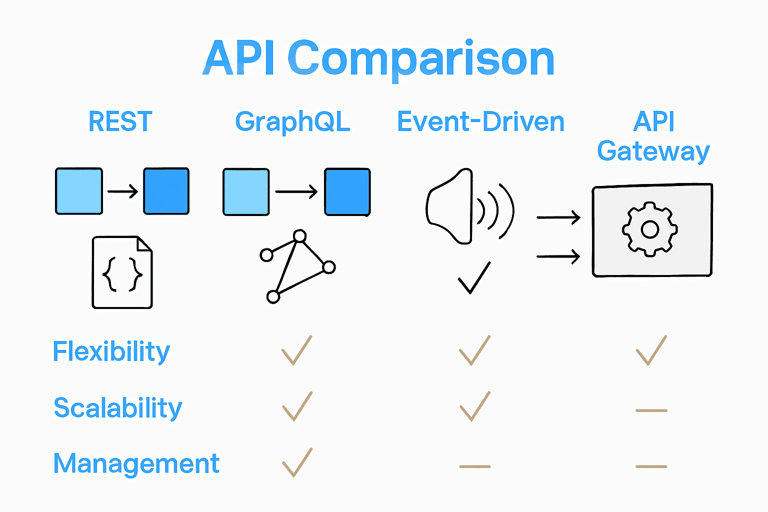 Comparison of key API integration types with icons and strengths