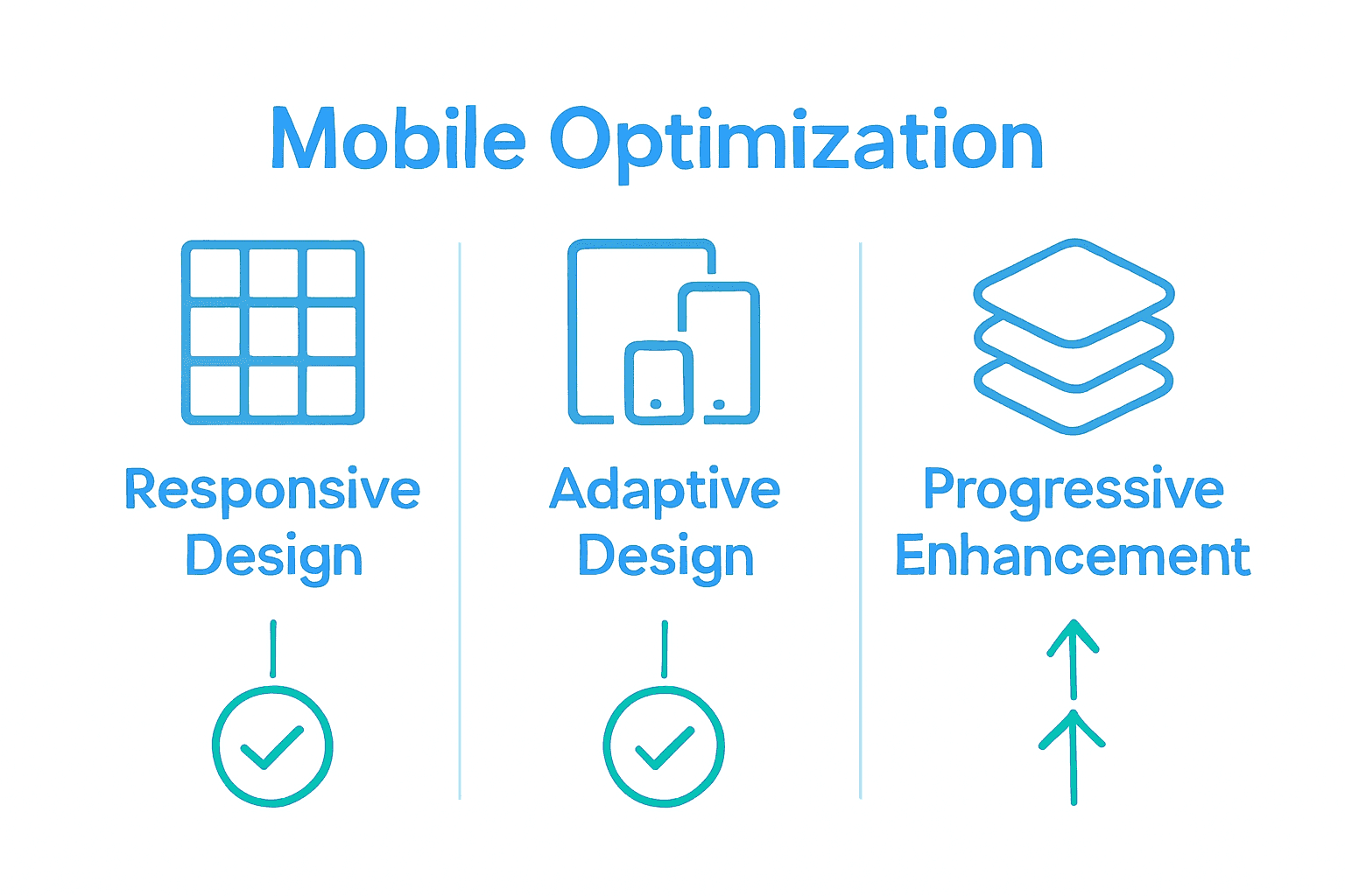Infographic comparing three mobile optimization methods: responsive, adaptive, and progressive.