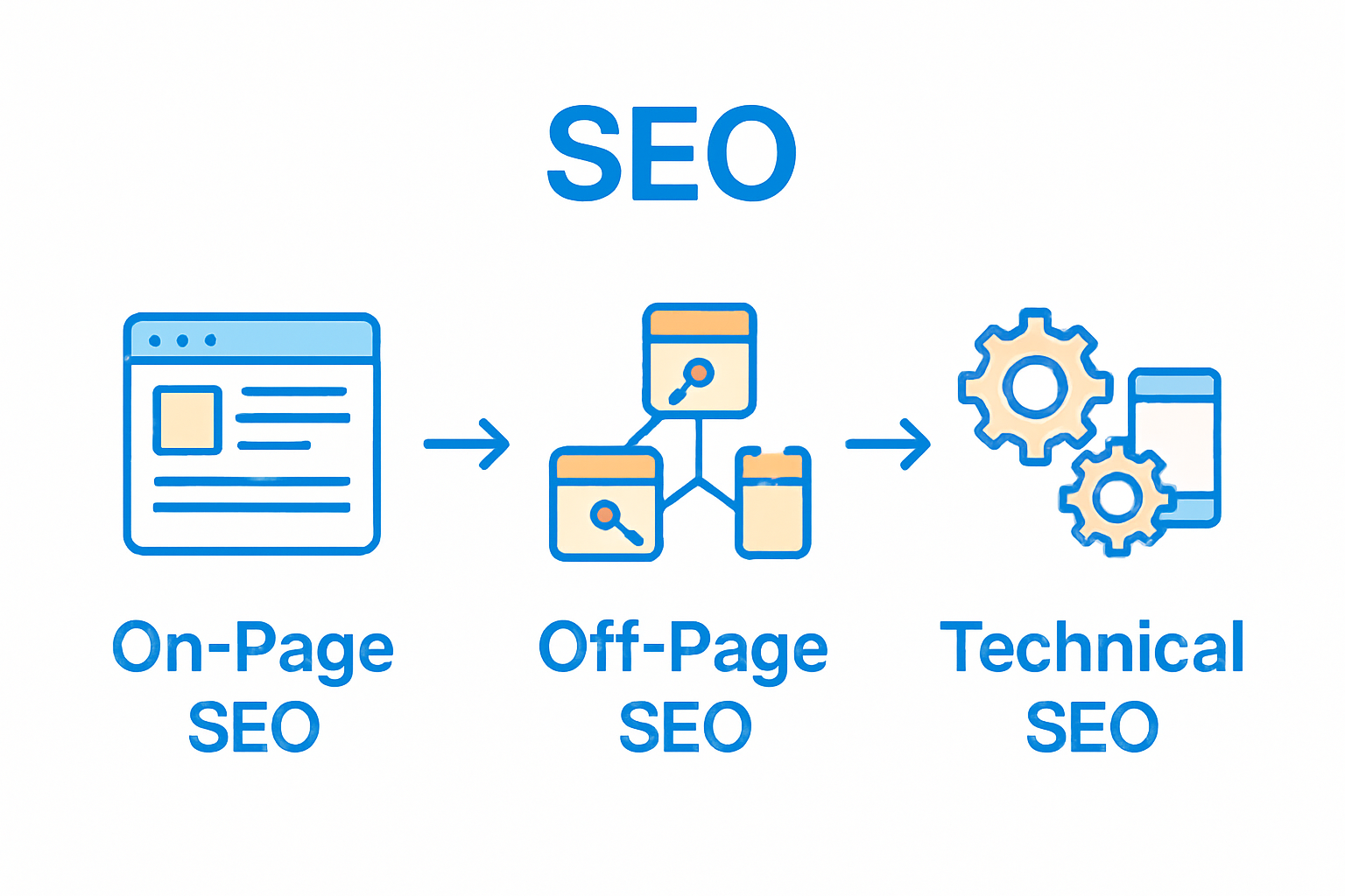 Infographic showing on-page, off-page, and technical SEO roles