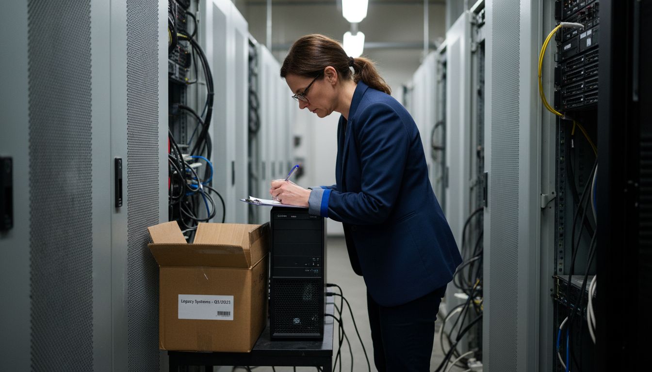 Engineer inspecting servers and taking notes