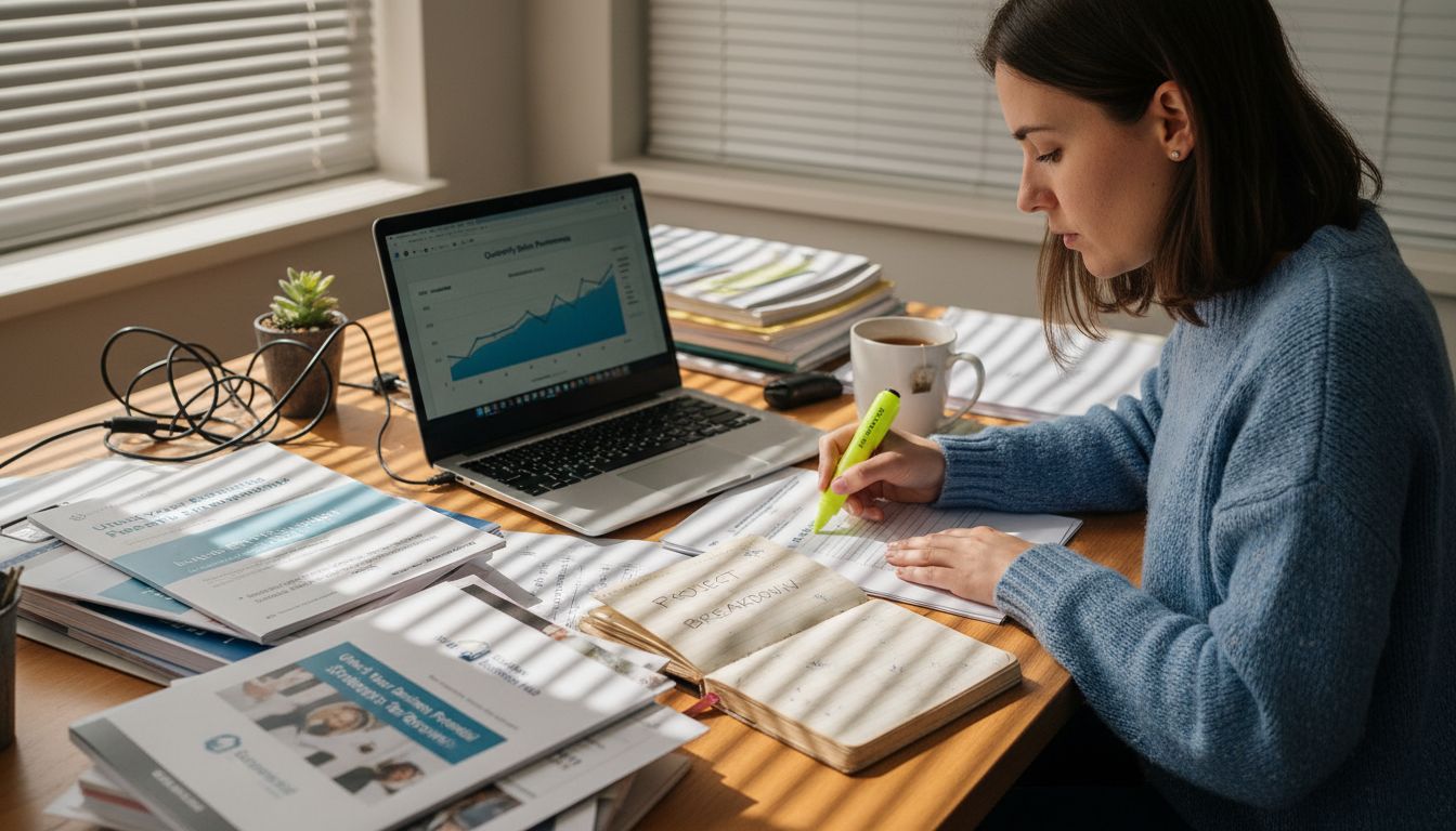 Marketer organizing content strategy workspace