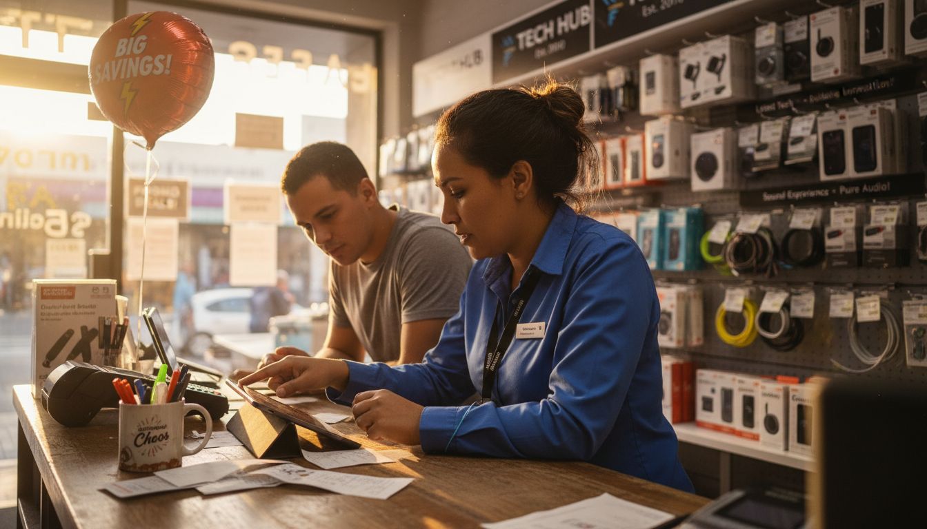 Retail manager helping customer at store counter