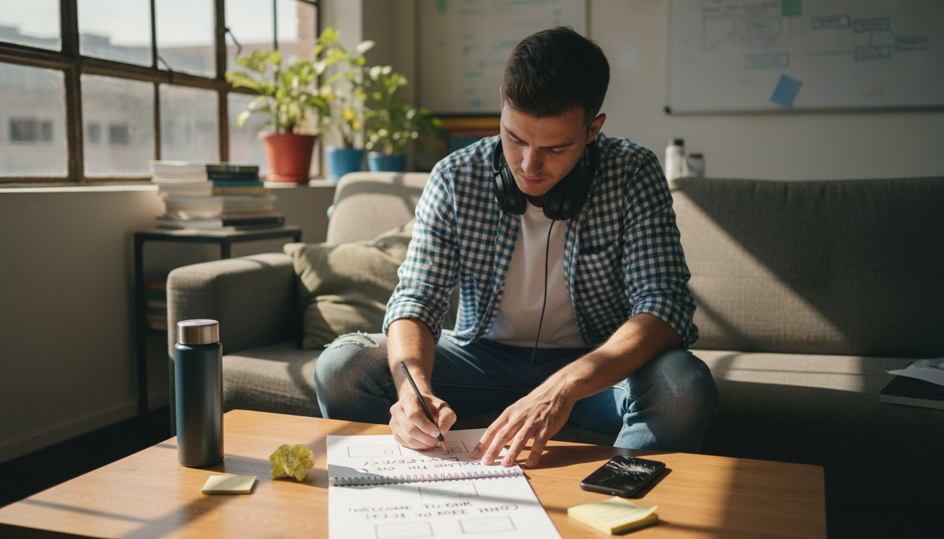 Designer sketching landing page wireframe on couch