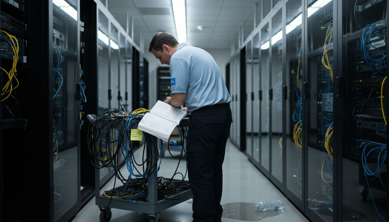 Technician checking server racks in server room