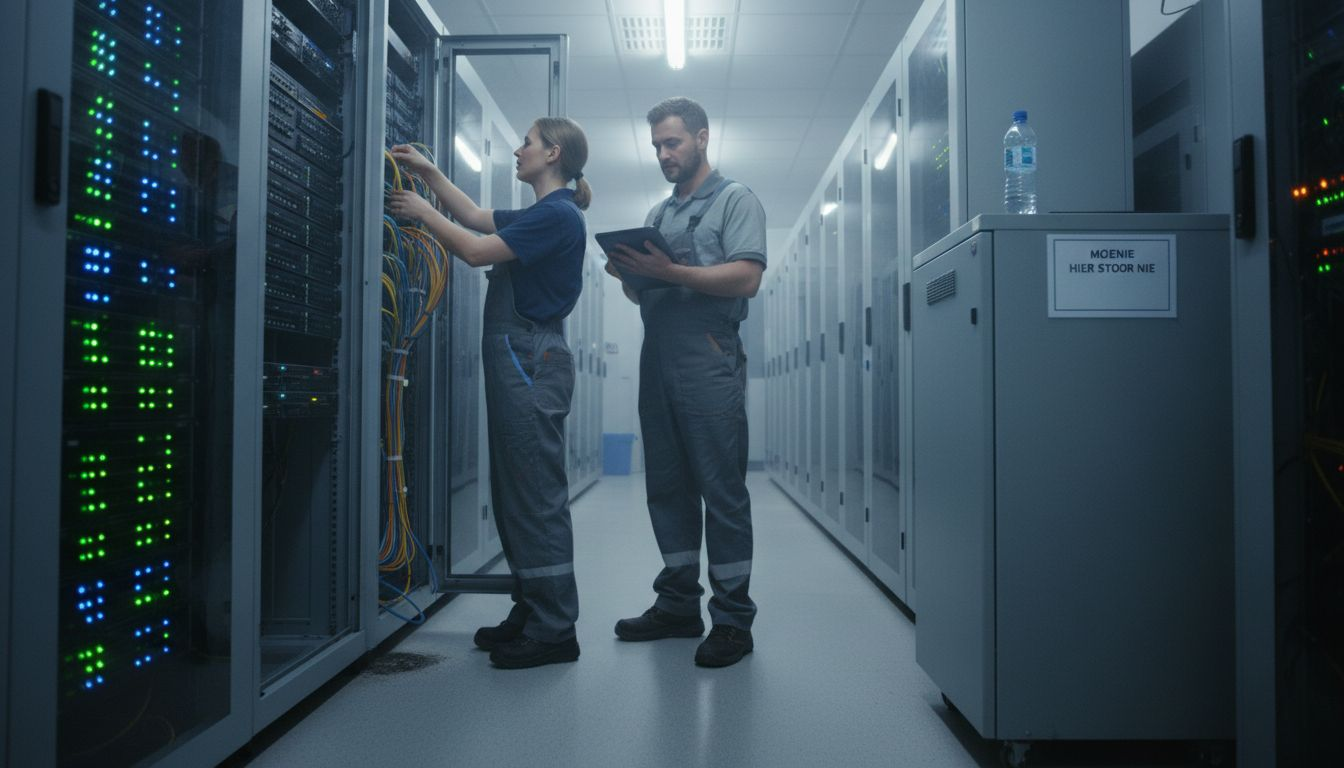 Engineers inspecting server architecture