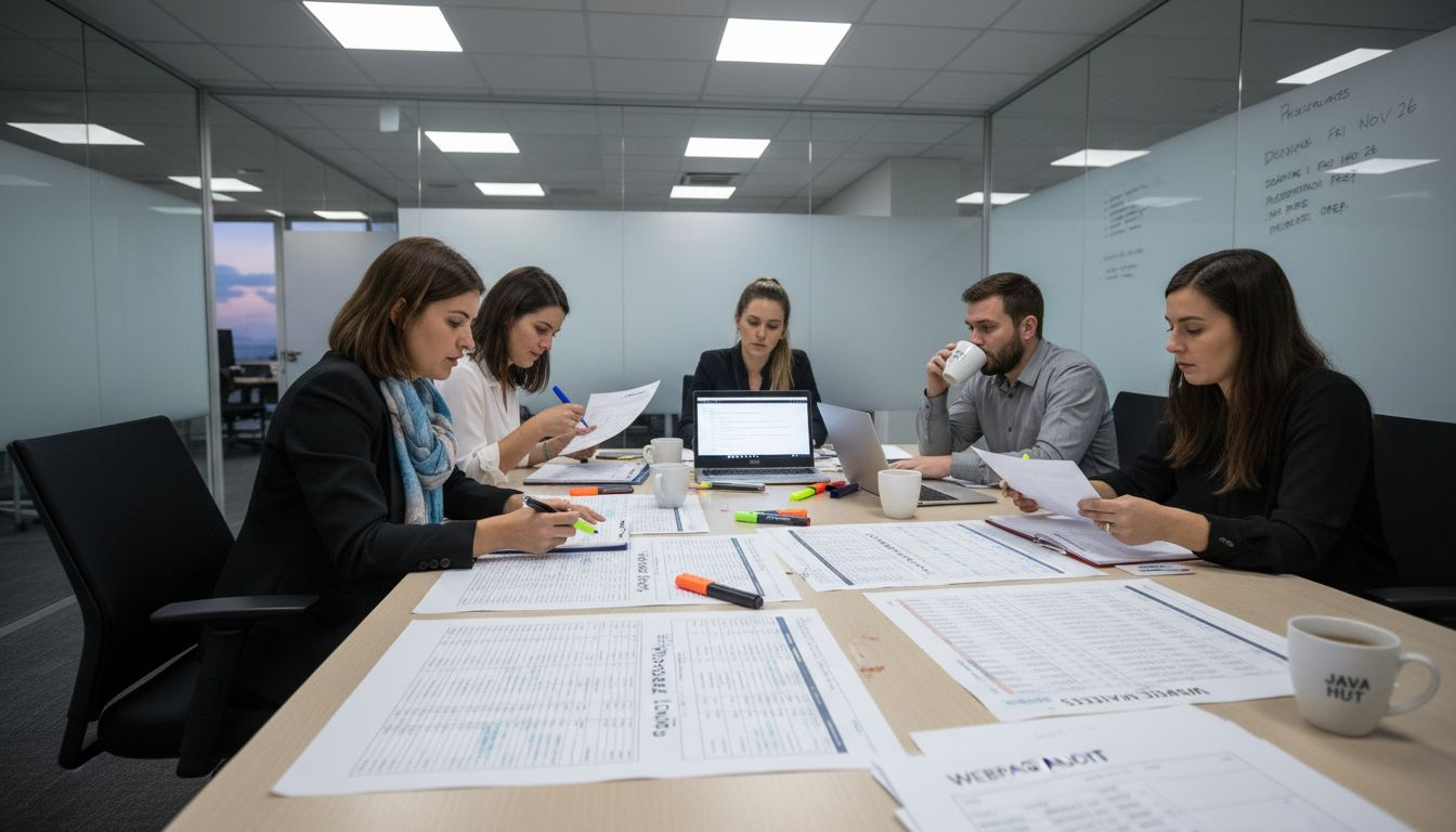 Team reviews printed website inventory lists