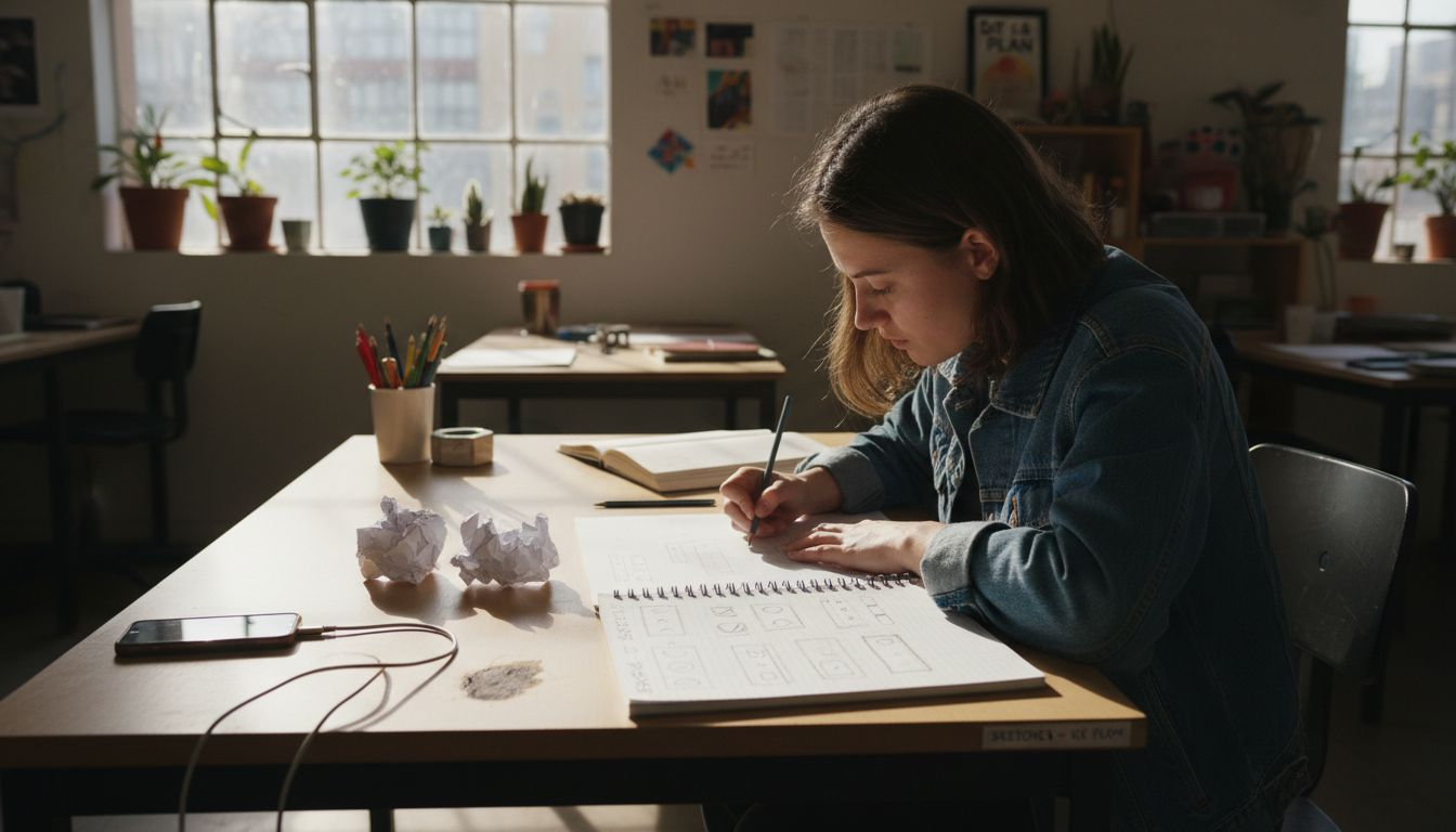 Woman sketching user flows on graph paper