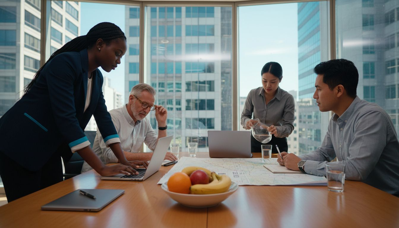 Business team discusses 5G strategy at boardroom