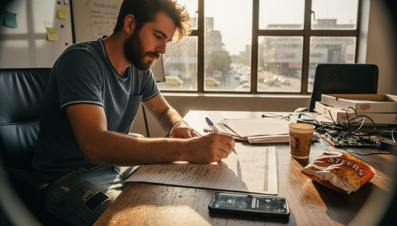 Founder filling in project template at desk