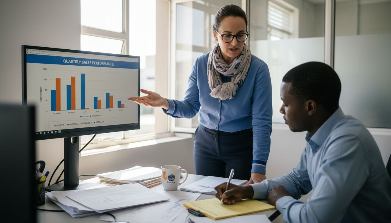 Analyst presenting data trends to colleague