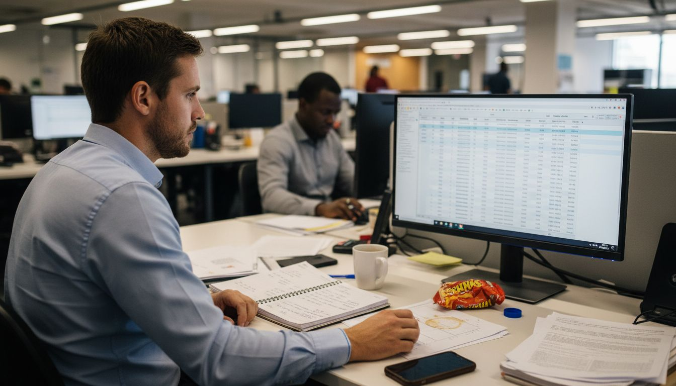 Analyst reviewing customer journey spreadsheet