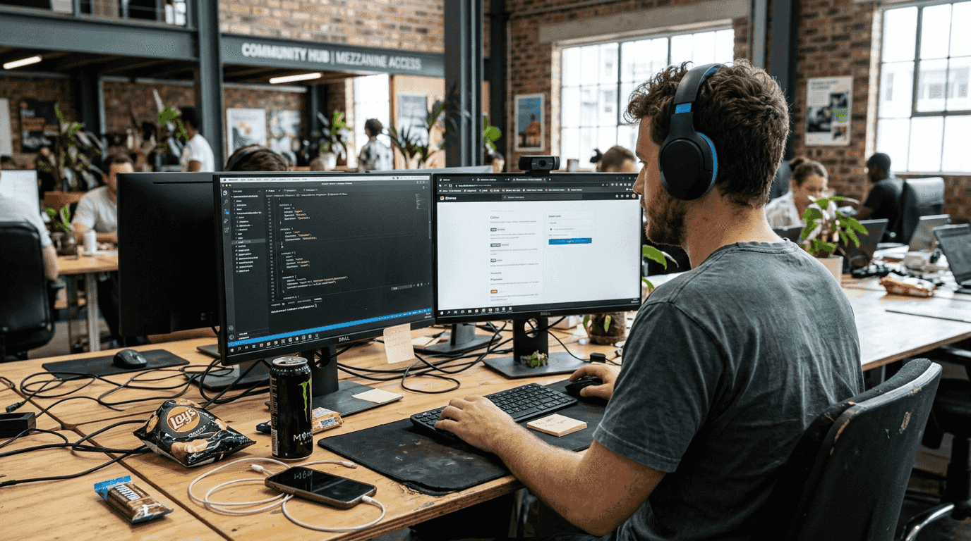 Developer comparing web platforms at coworking desk