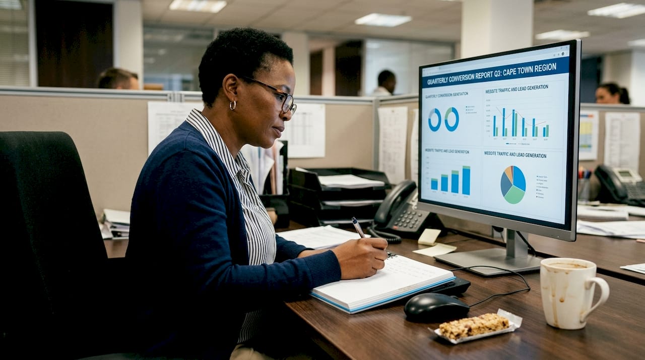 Office worker reviewing data at desktop computer