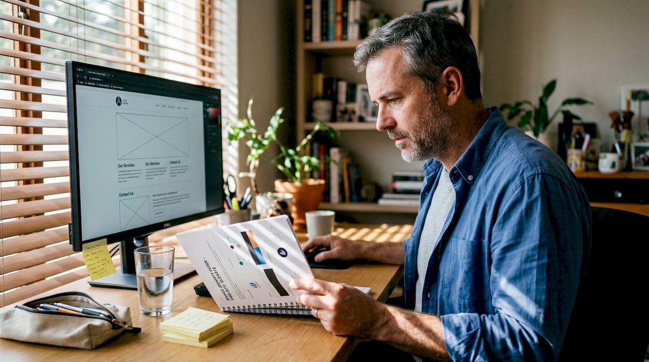 Designer cross-checks brand guidelines with site