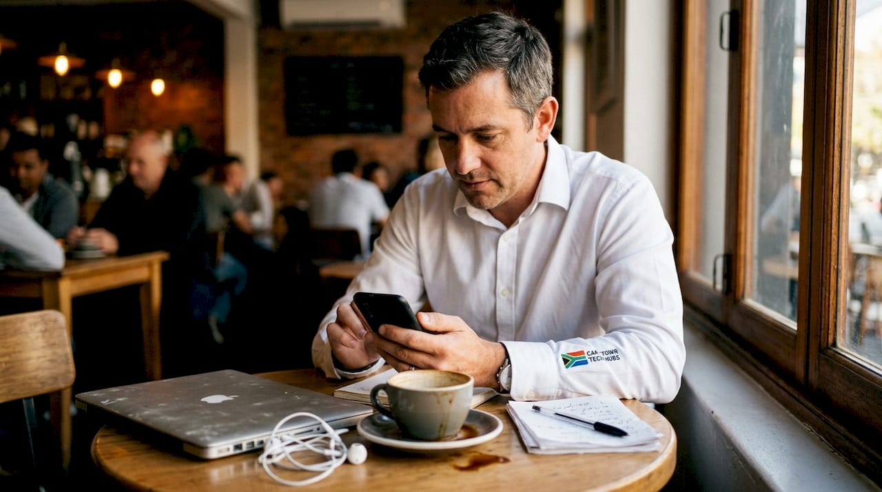 Man using mobile app in café environment