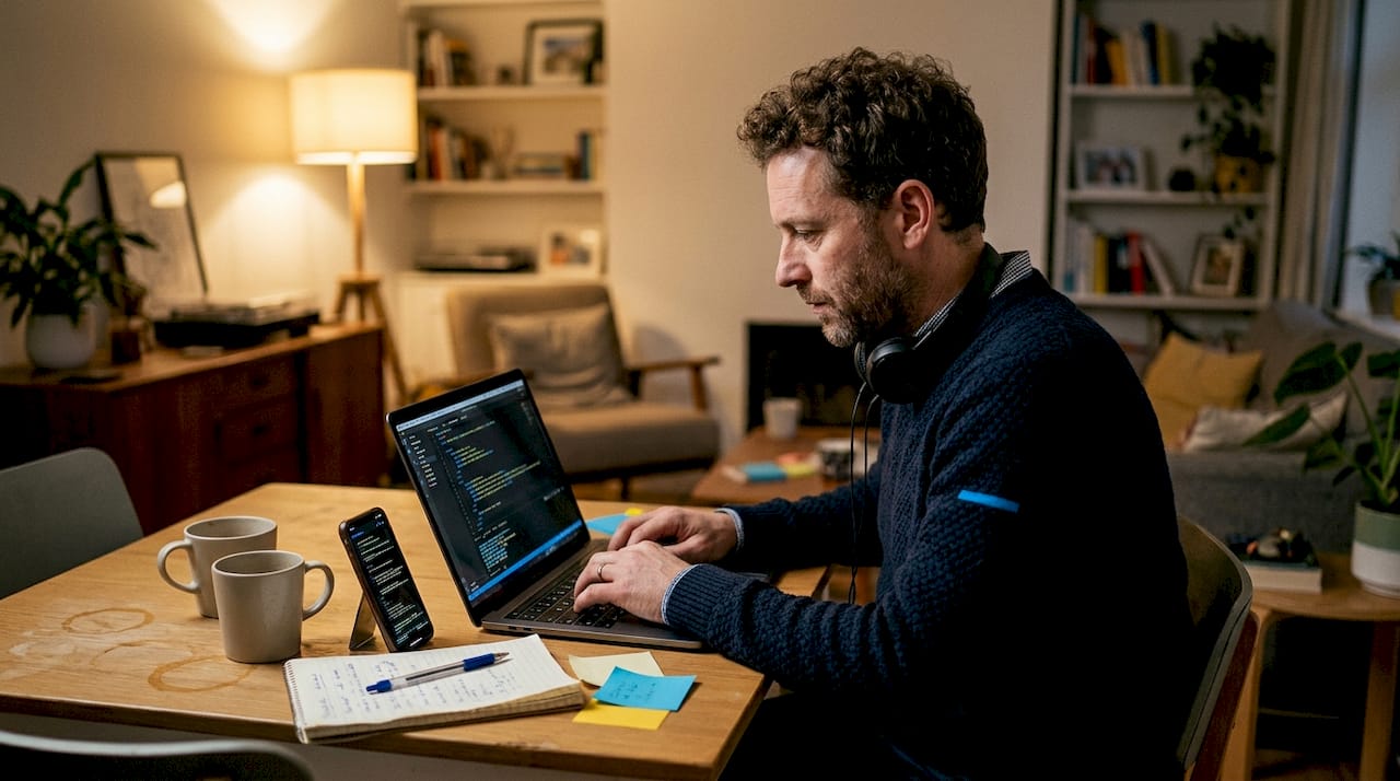 Web developer coding in casual home workspace