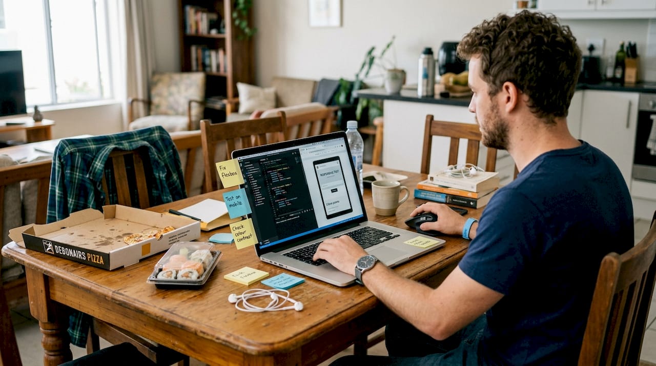 Developer adjusts CSS on laptop in apartment