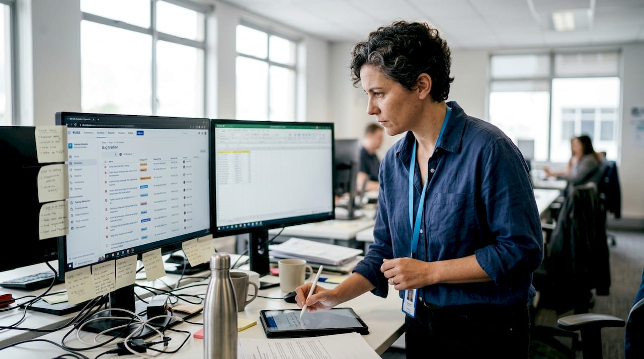 QA engineer using bug tracking dashboard
