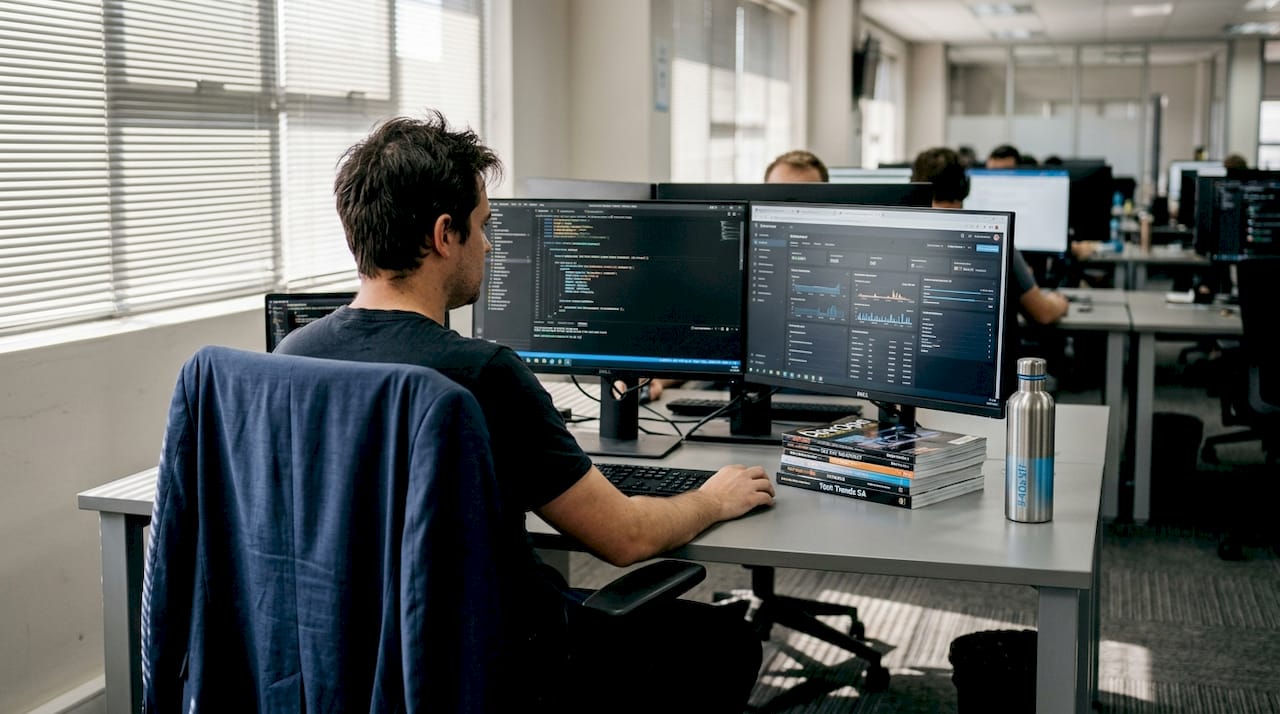 Developer reviewing code in open office setting