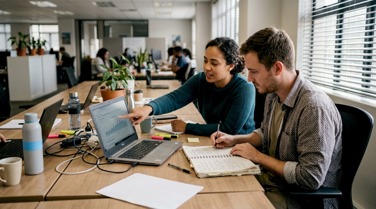 Team reviews website performance data together