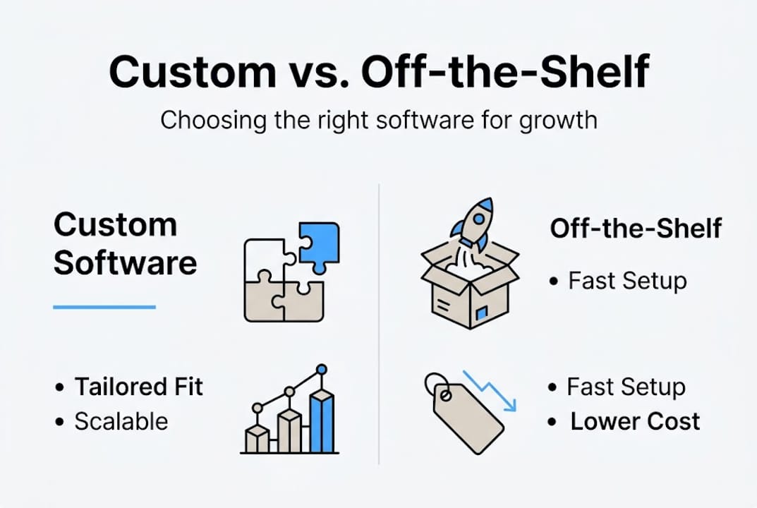 Infographic comparing custom and off-the-shelf software