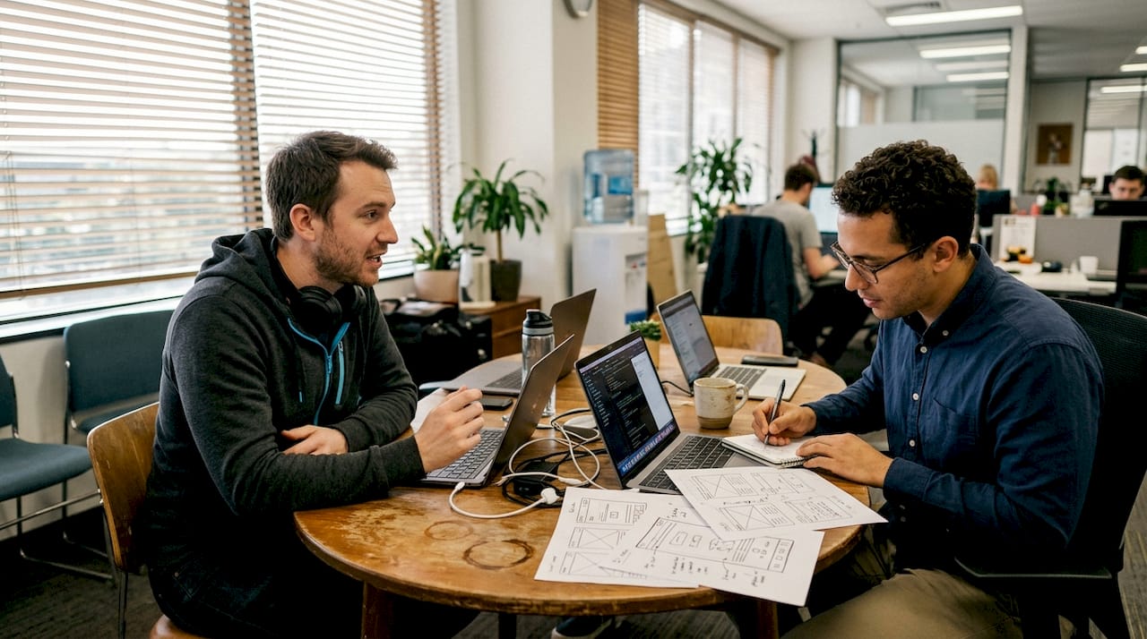 Developers discuss design system at office table