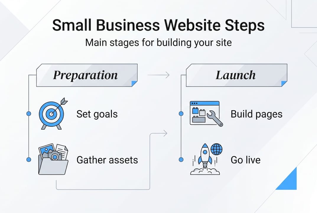 Website setup steps infographic with preparation and launch