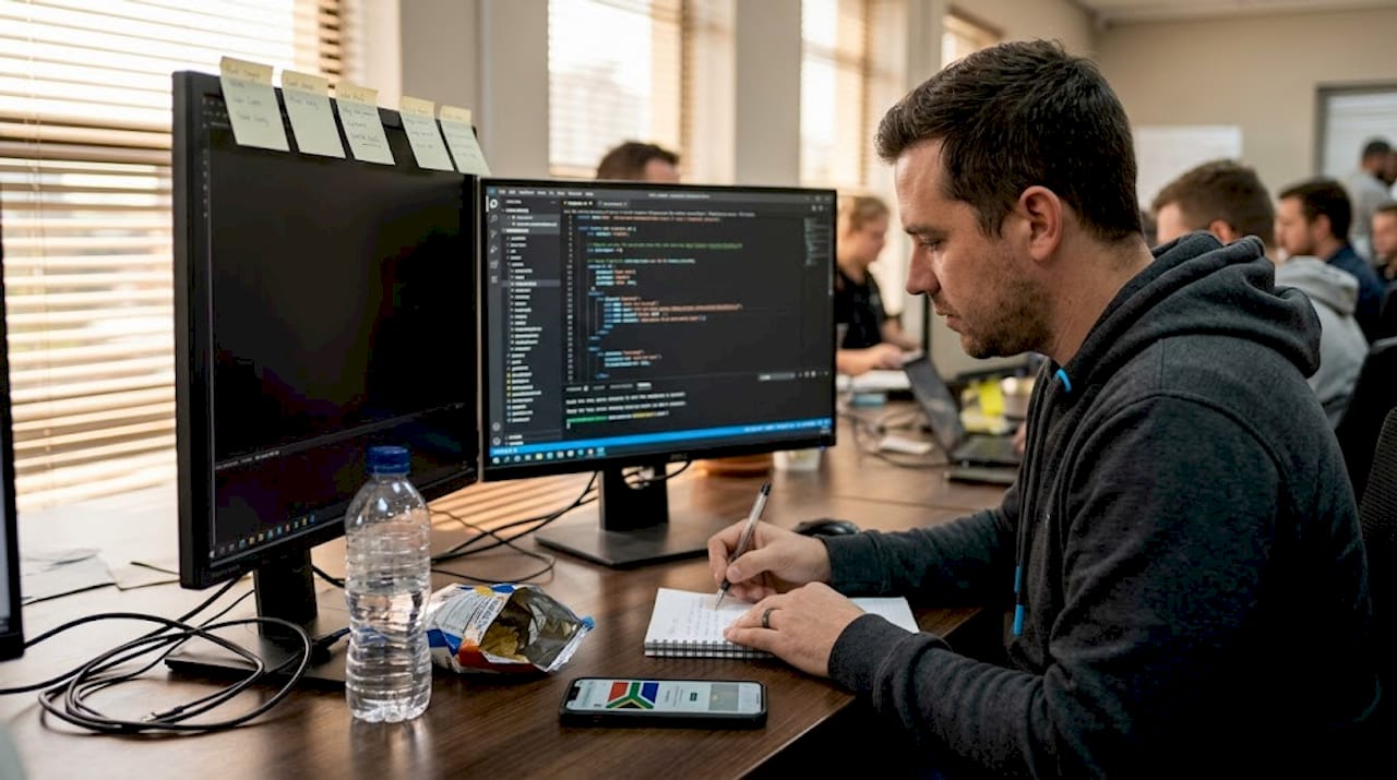 Web designer reviews code and notes