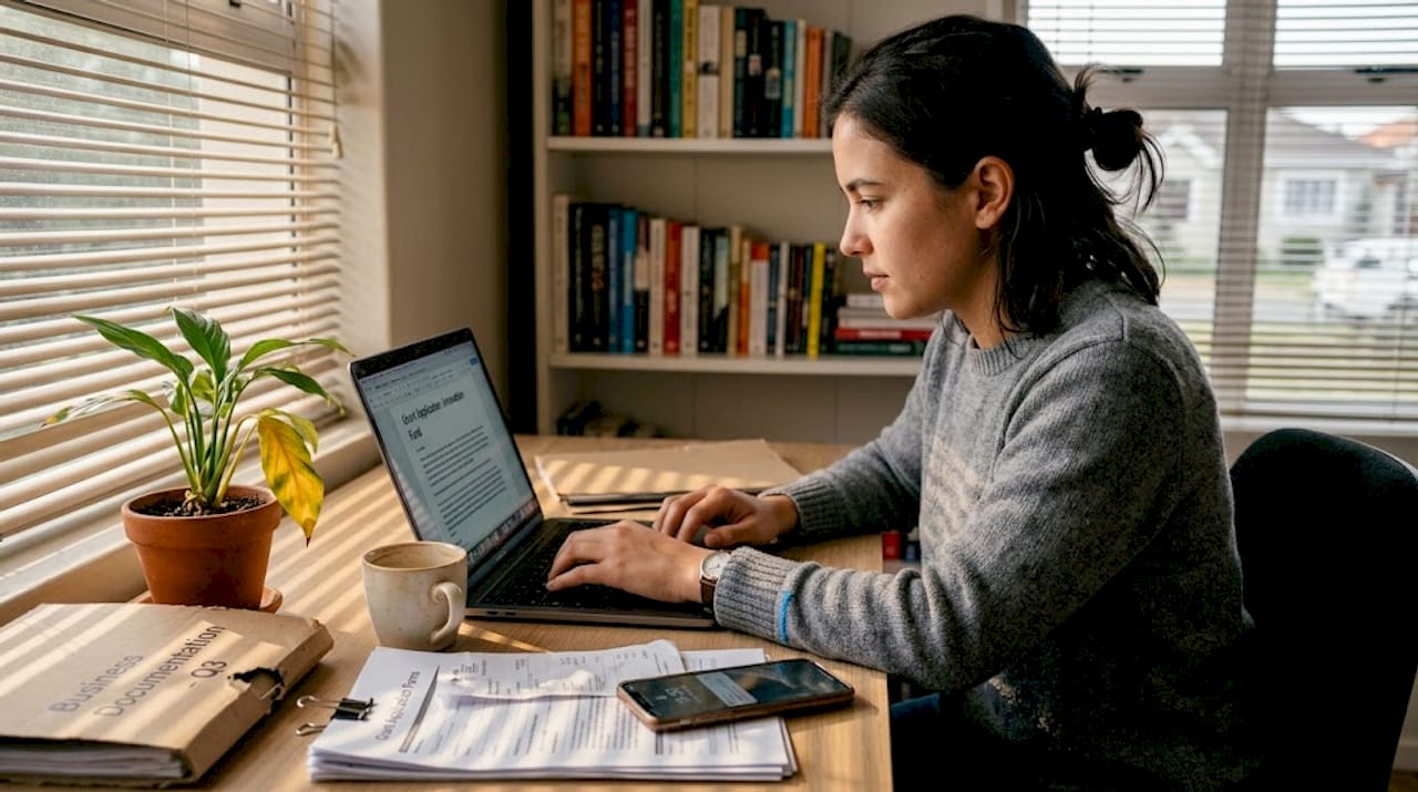 Founder typing grant application at desk