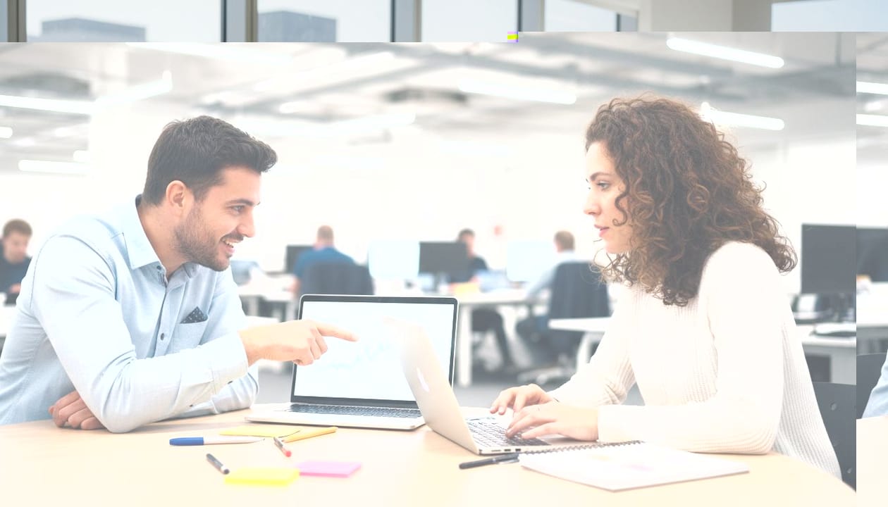 Team discussing web analytics in open office