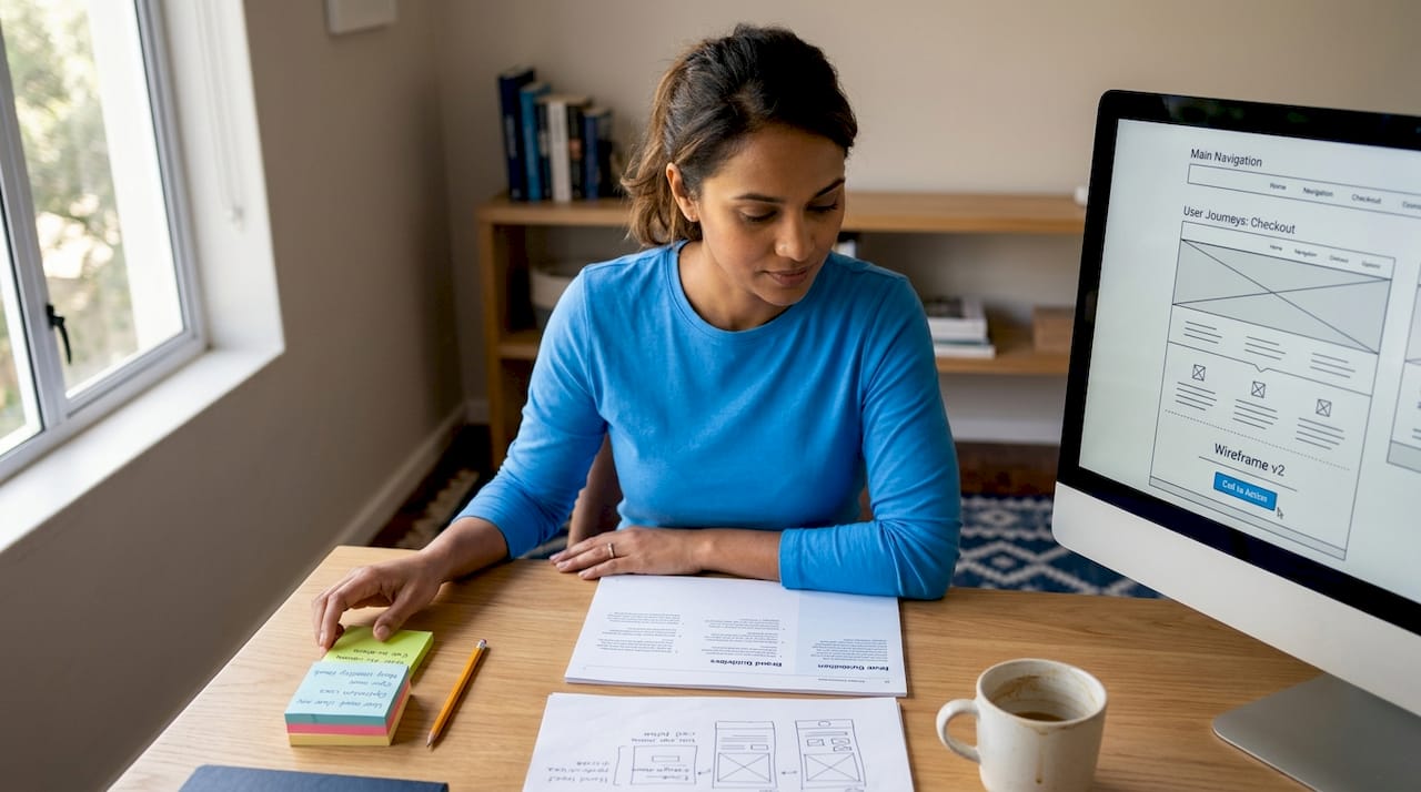 UX designer referencing brand guidelines and wireframe