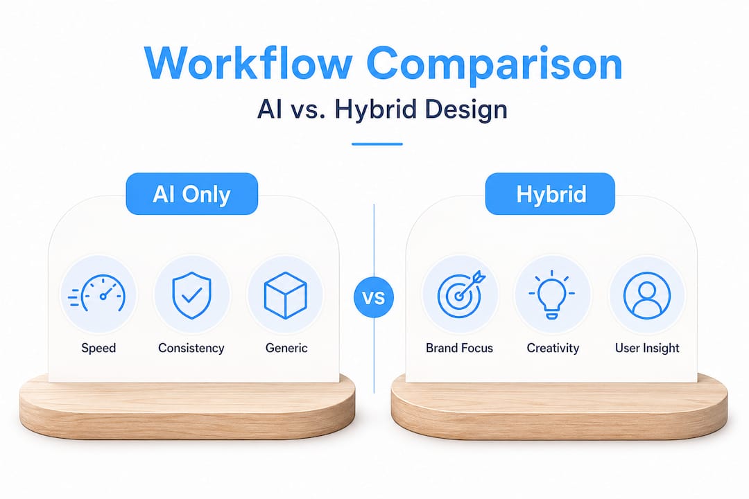 Infographic comparing AI versus hybrid web design workflows