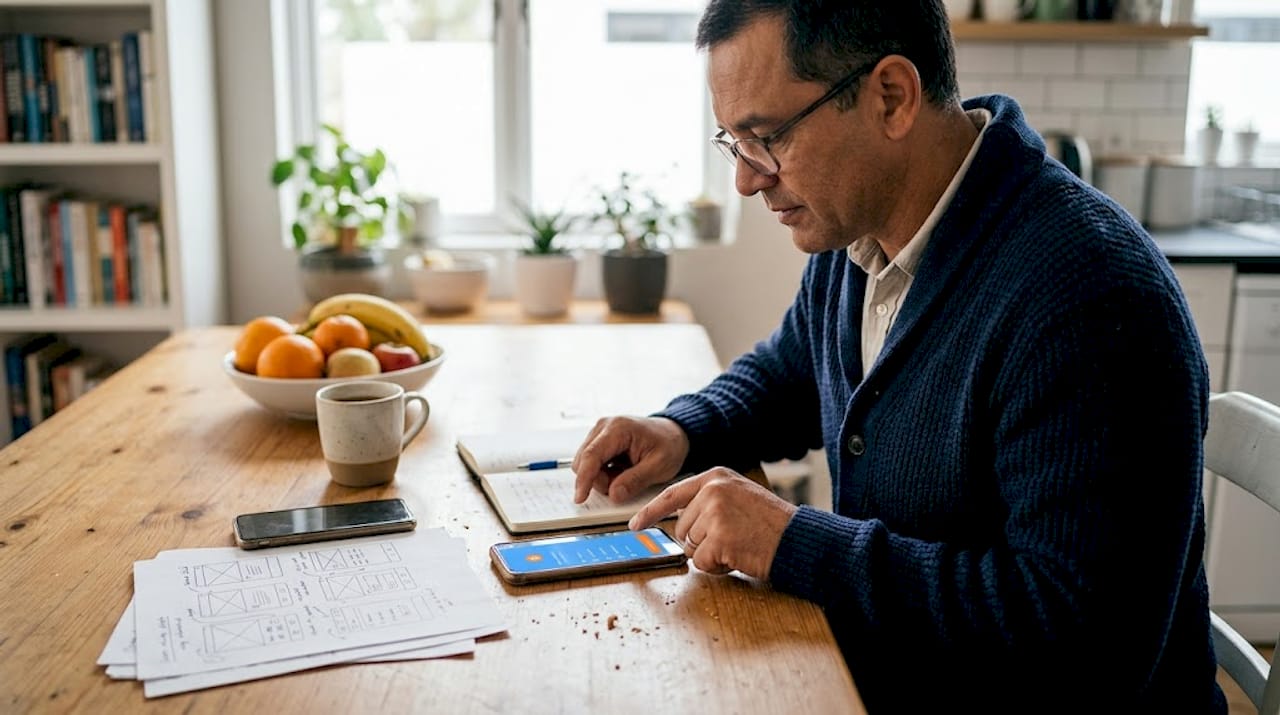 Man checking mobile navigation pattern sketches