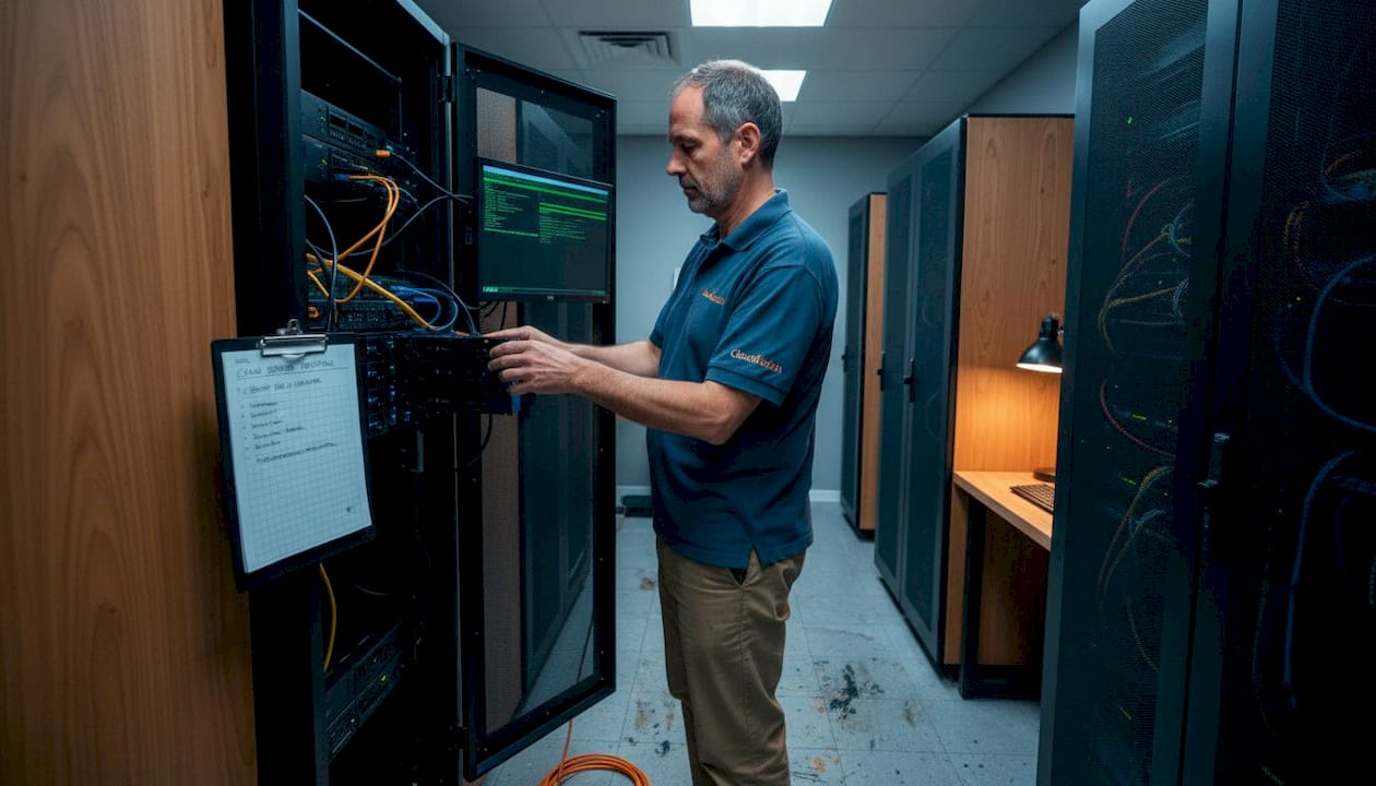 Technician maintaining server in enterprise server room