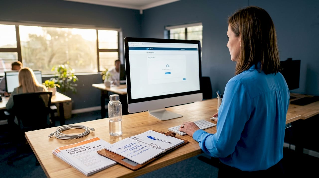 Person working on web hosting tasks in office