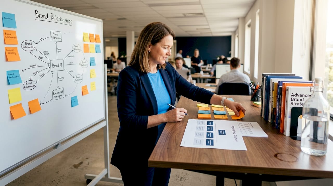 Strategist mapping brand architecture workspace