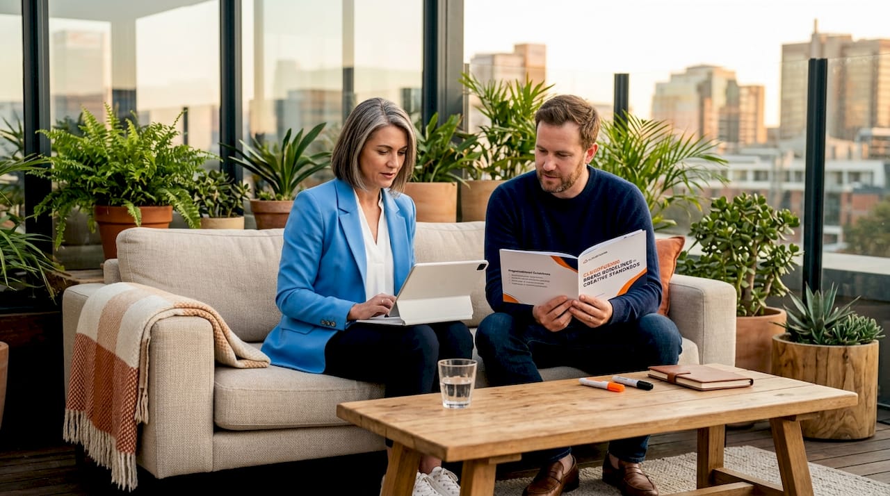 Brand strategy team reviewing guidelines