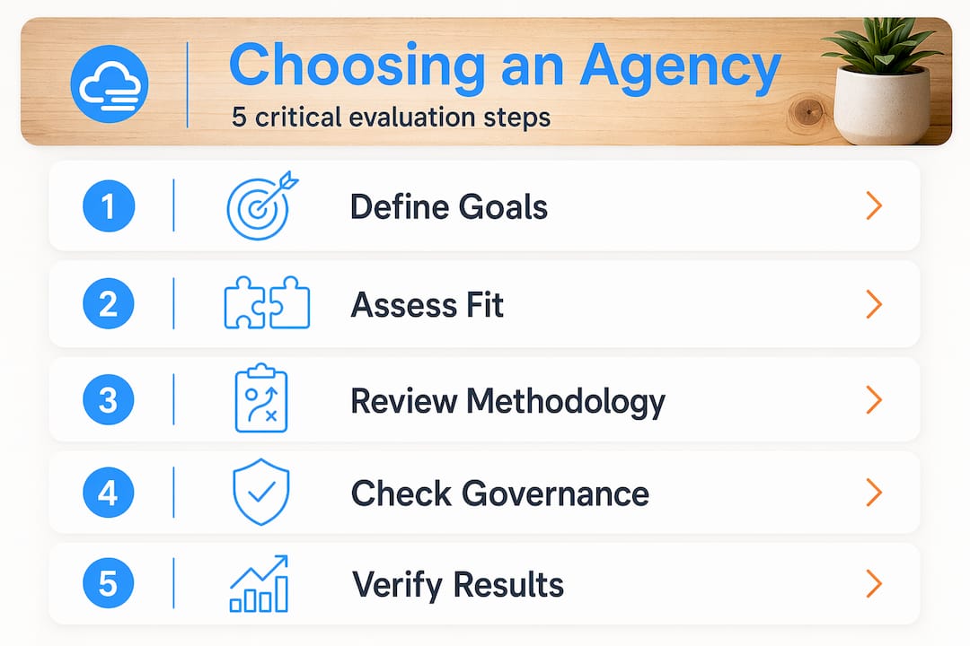 Infographic showing five steps to choose software agency