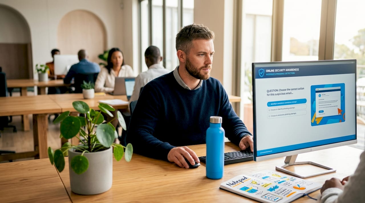 Employee completing online security training at office desk