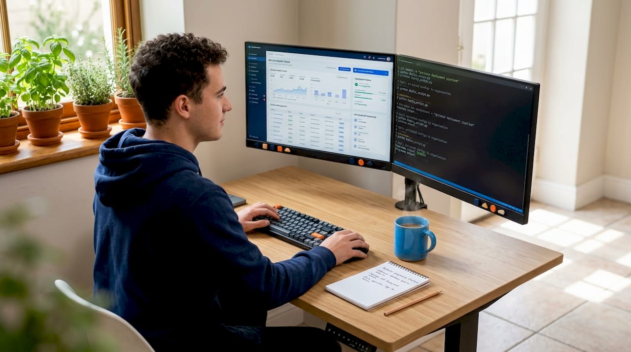 Engineer configuring cloud servers at standing desk