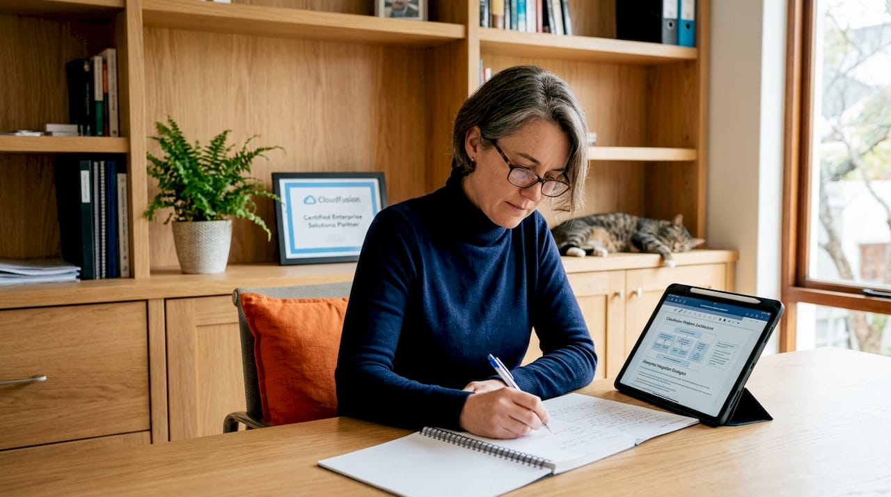 Software expert consulting in organized home office