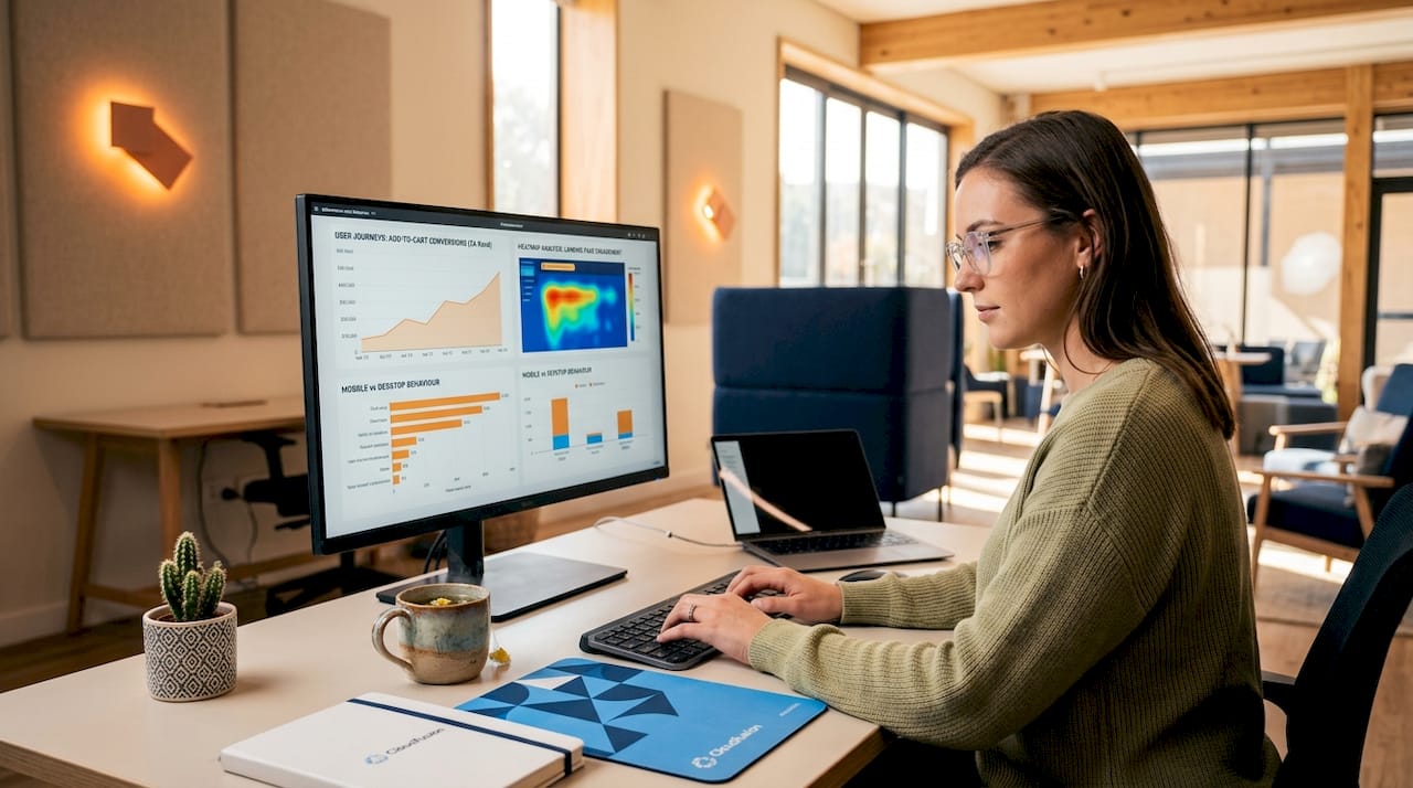 Data analyst checking ecommerce user behavior on monitors