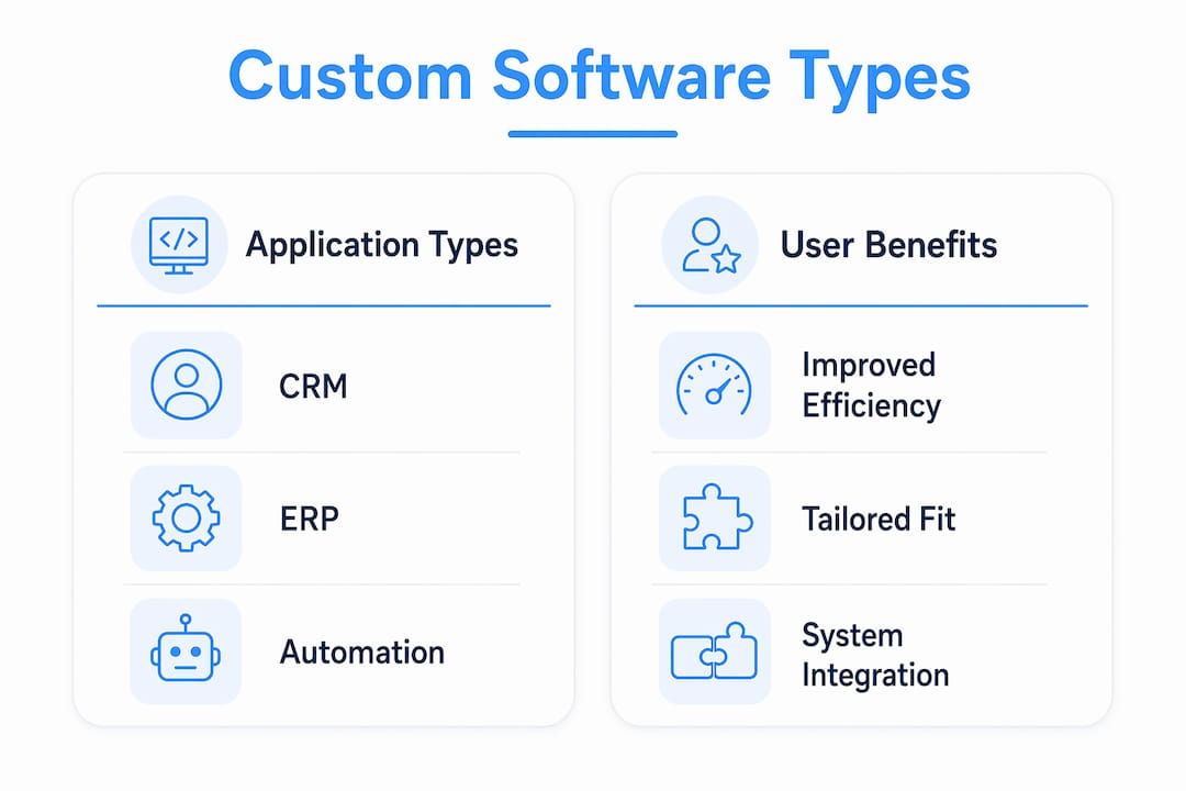 Infographic comparing types and benefits of custom software