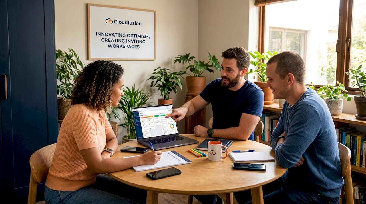 Software development team collaborating in meeting