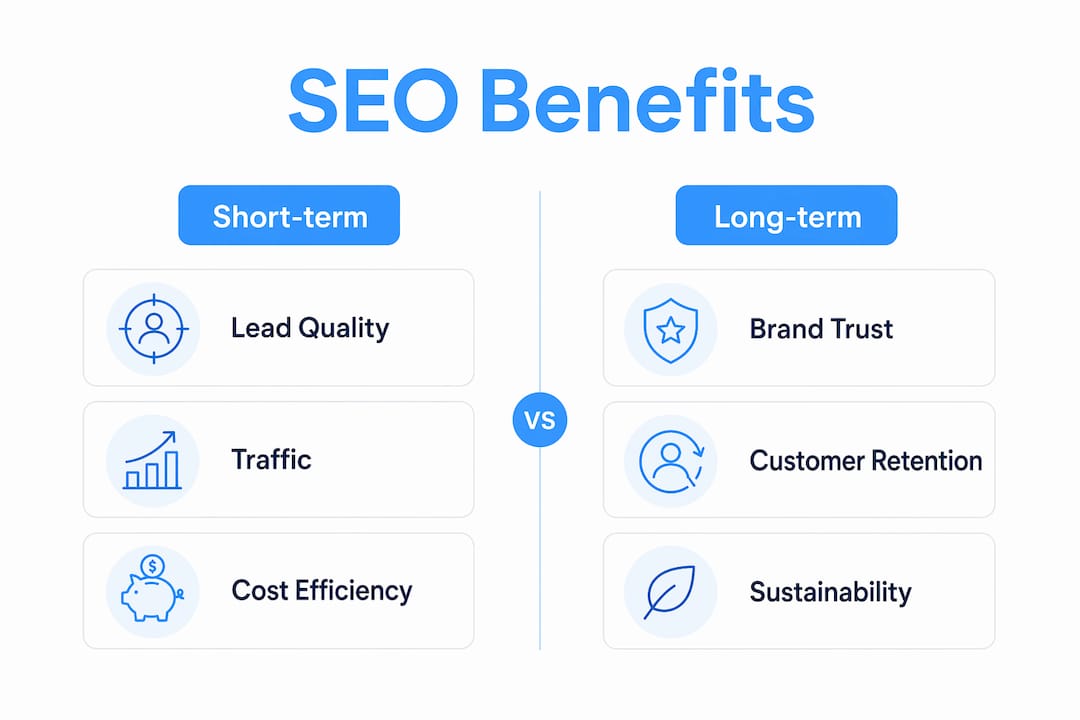 Infographic comparing short-term and long-term SEO benefits